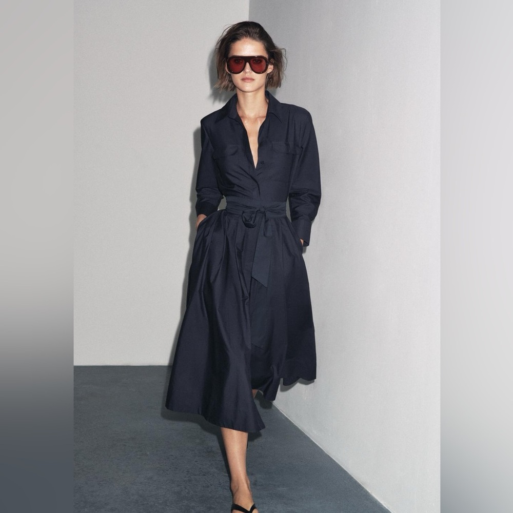 ZARA Navy Cotton Poplin Shirt Dress. NWT S